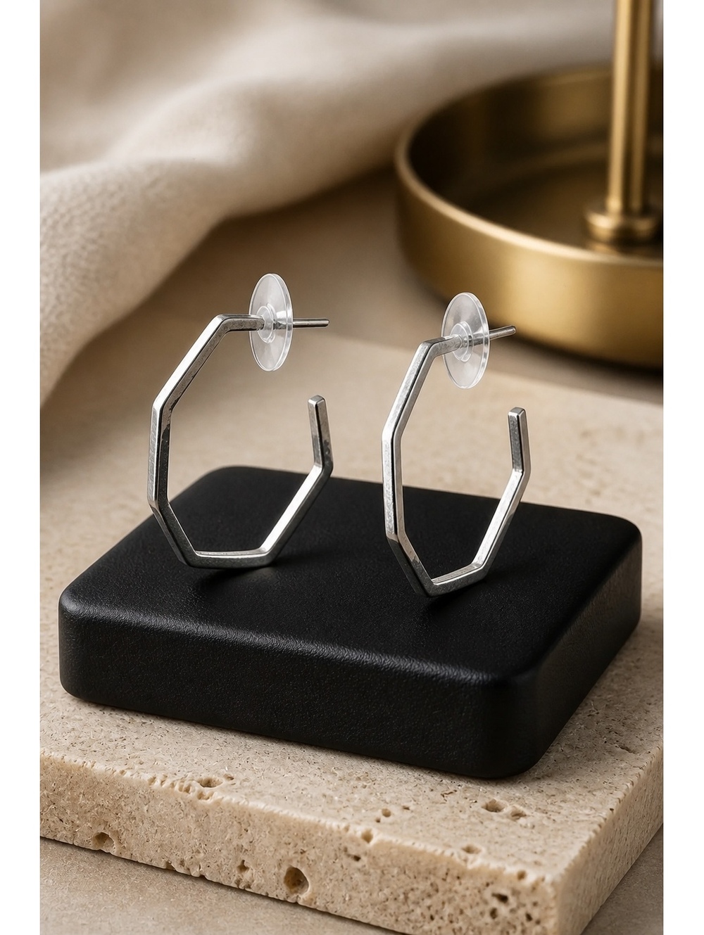 Silver Tone Geometric Hexagon Hoop Earrings Open Hoop Studs with Free Backs